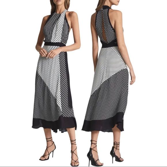 Reiss Black and White Geometric Midi Dress - Picture 1 of 6